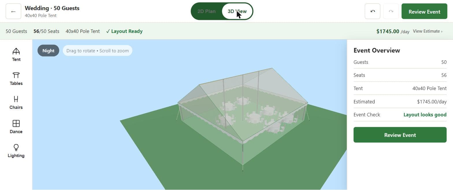 RentSketch 3D event layout preview with tent, tables and chairs
